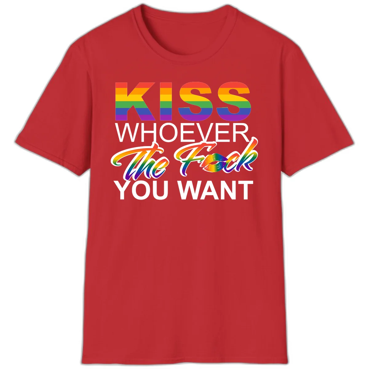 Rainbow pride flag design with kiss-whoever-you-want message, colorful lips graphic, and bold text celebrating LGBTQ love and acceptance in Red