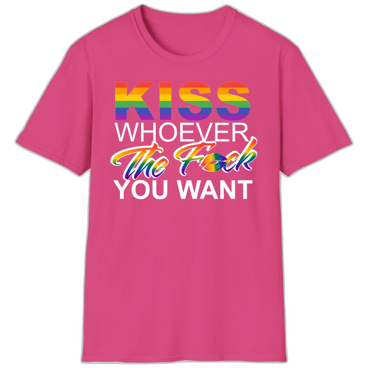 Rainbow pride flag design with kiss-whoever-you-want message, colorful lips graphic, and bold text celebrating LGBTQ love and acceptance in Heliconia