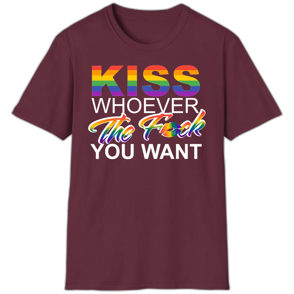 Rainbow pride flag design with kiss-whoever-you-want message, colorful lips graphic, and bold text celebrating LGBTQ love and acceptance in Maroon