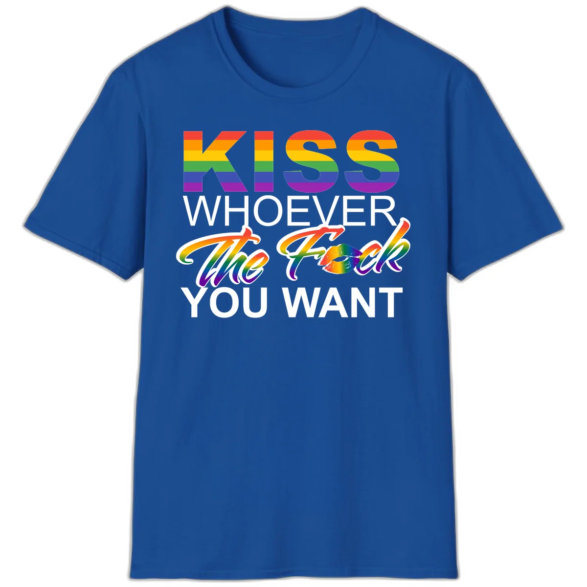 Rainbow pride flag design with kiss-whoever-you-want message, colorful lips graphic, and bold text celebrating LGBTQ love and acceptance in Royal
