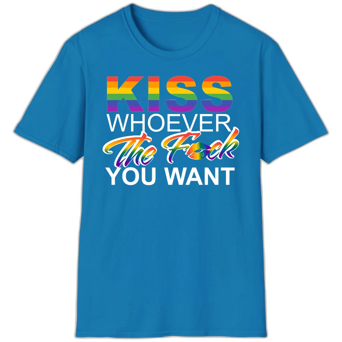 Rainbow pride flag design with kiss-whoever-you-want message, colorful lips graphic, and bold text celebrating LGBTQ love and acceptance in Sapphire