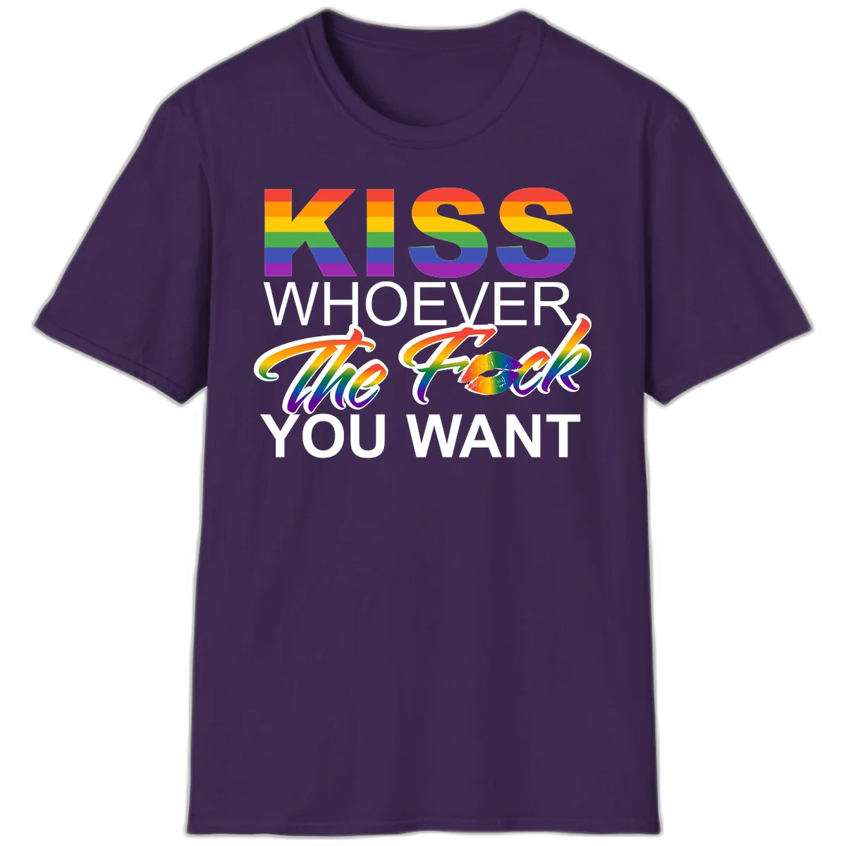 Rainbow pride flag design with kiss-whoever-you-want message, colorful lips graphic, and bold text celebrating LGBTQ love and acceptance in Purple