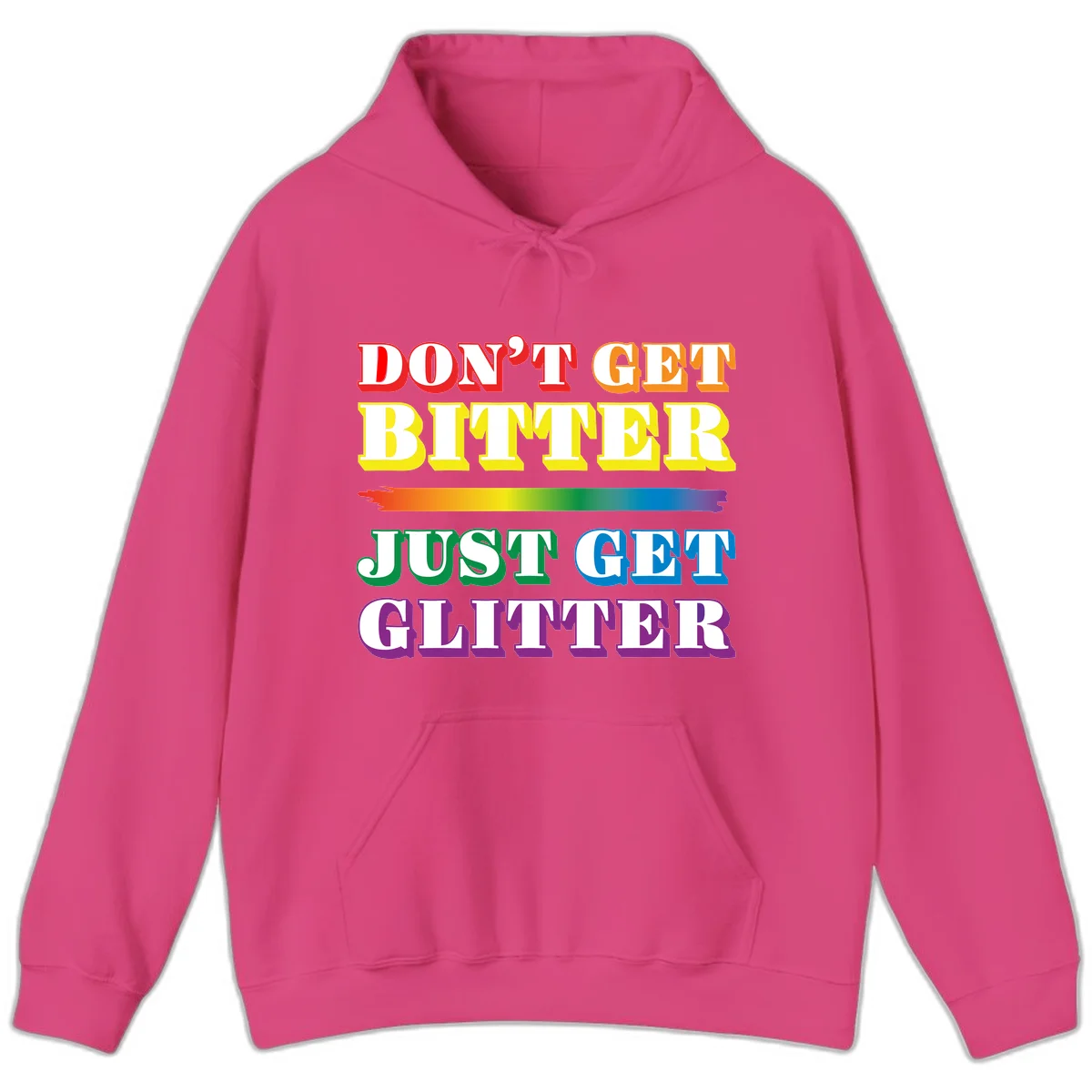 Colorful don't get bitter just get glitter pride design with rainbow gradient brush stroke and bold typography in red, orange, yellow, green, blue, and purple text in Heliconia