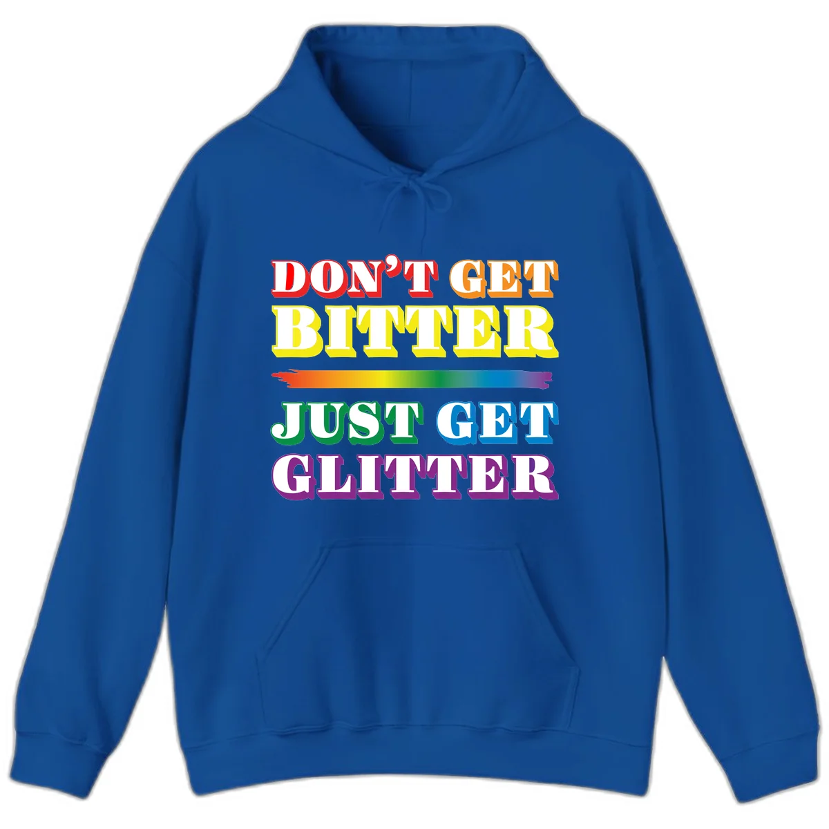 Colorful don't get bitter just get glitter pride design with rainbow gradient brush stroke and bold typography in red, orange, yellow, green, blue, and purple text in Royal