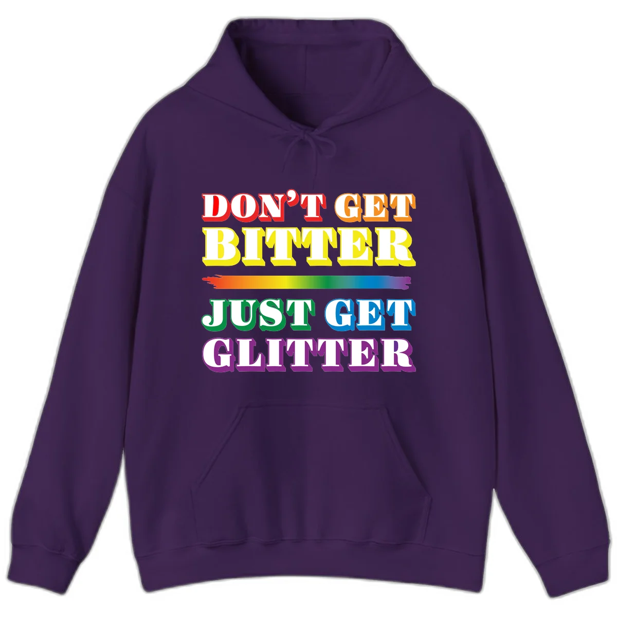 Colorful don't get bitter just get glitter pride design with rainbow gradient brush stroke and bold typography in red, orange, yellow, green, blue, and purple text in Purple