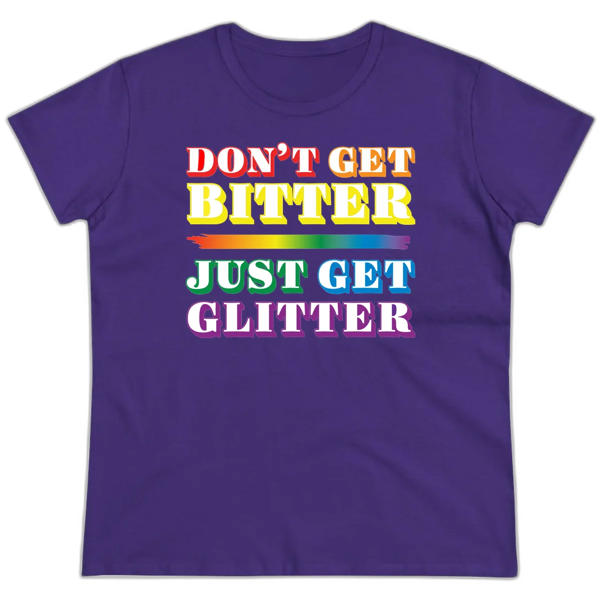 Colorful don't get bitter just get glitter pride design with rainbow gradient brush stroke and bold typography in red, orange, yellow, green, blue, and purple text in Purple