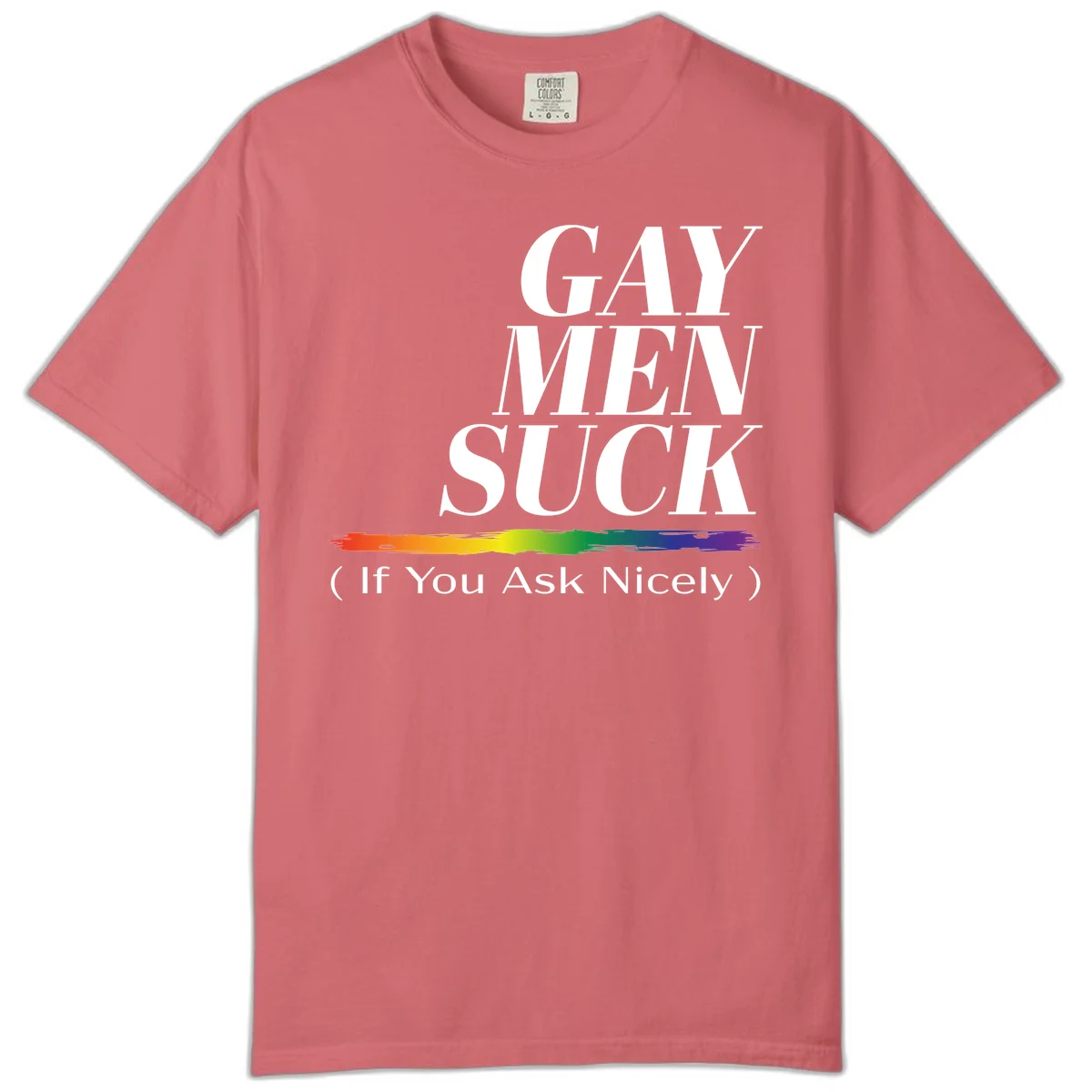 Gay men suck if you ask nicely pride design with white text and rainbow paint stroke accent on gray background in Watermelon