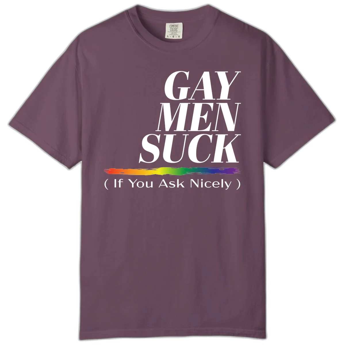 Gay men suck if you ask nicely pride design with white text and rainbow paint stroke accent on gray background in Berry