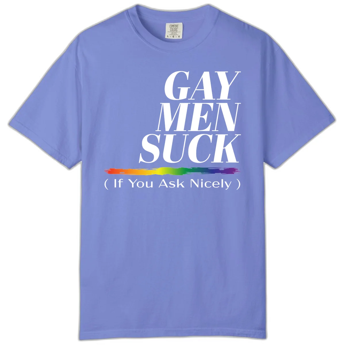 Gay men suck if you ask nicely pride design with white text and rainbow paint stroke accent on gray background in Flo Blue