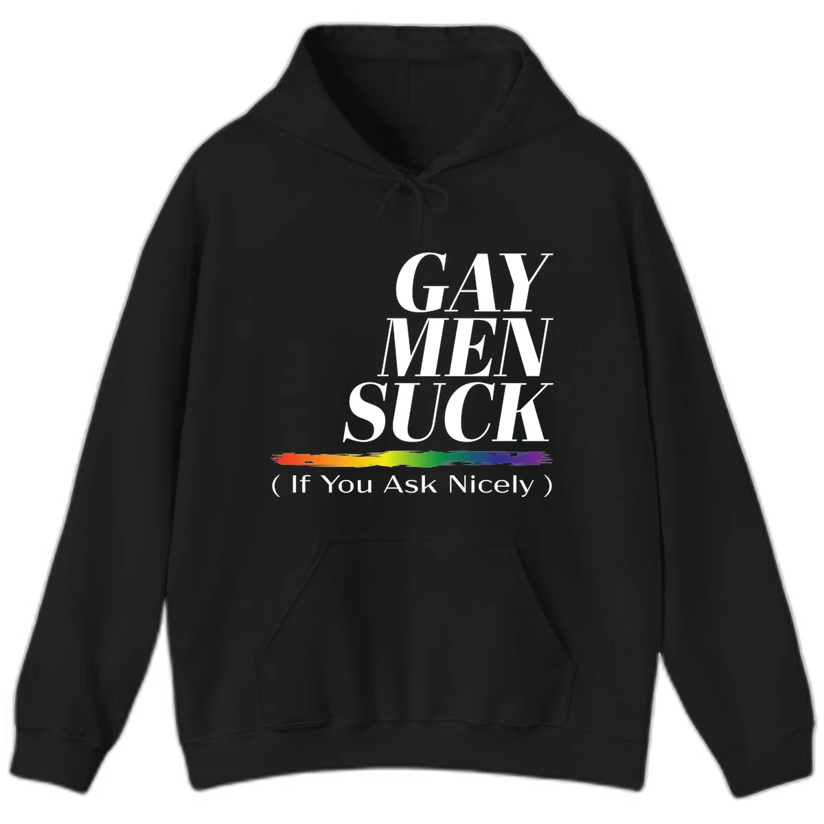 Gay men suck if you ask nicely pride design with white text and rainbow paint stroke accent on gray background in Black