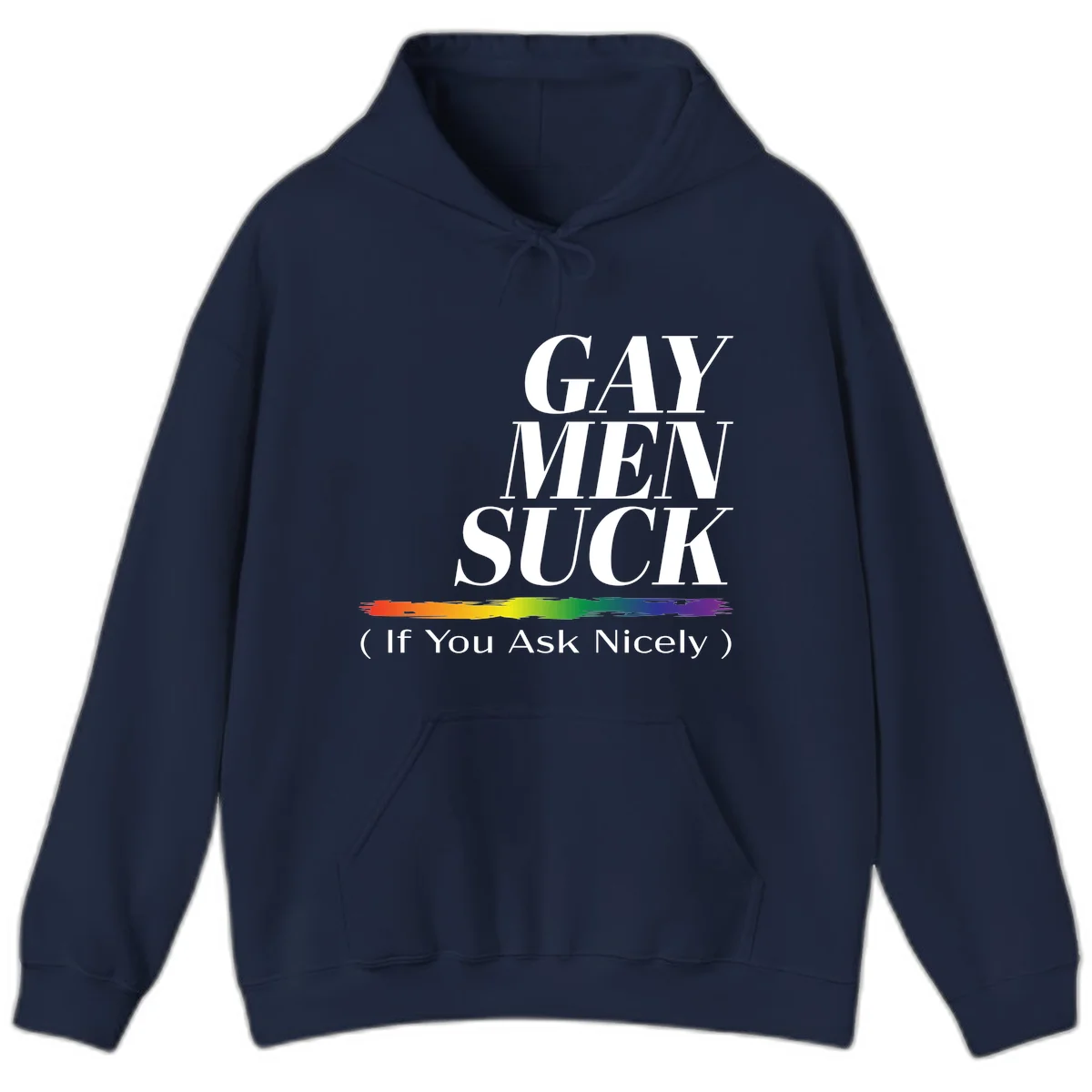 Gay men suck if you ask nicely pride design with white text and rainbow paint stroke accent on gray background in Navy
