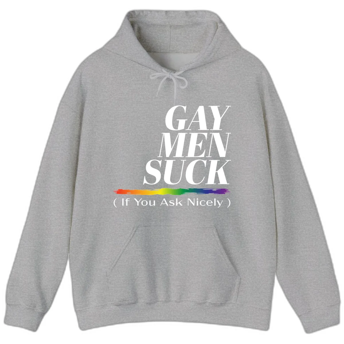 Gay men suck if you ask nicely pride design with white text and rainbow paint stroke accent on gray background in Sport Grey