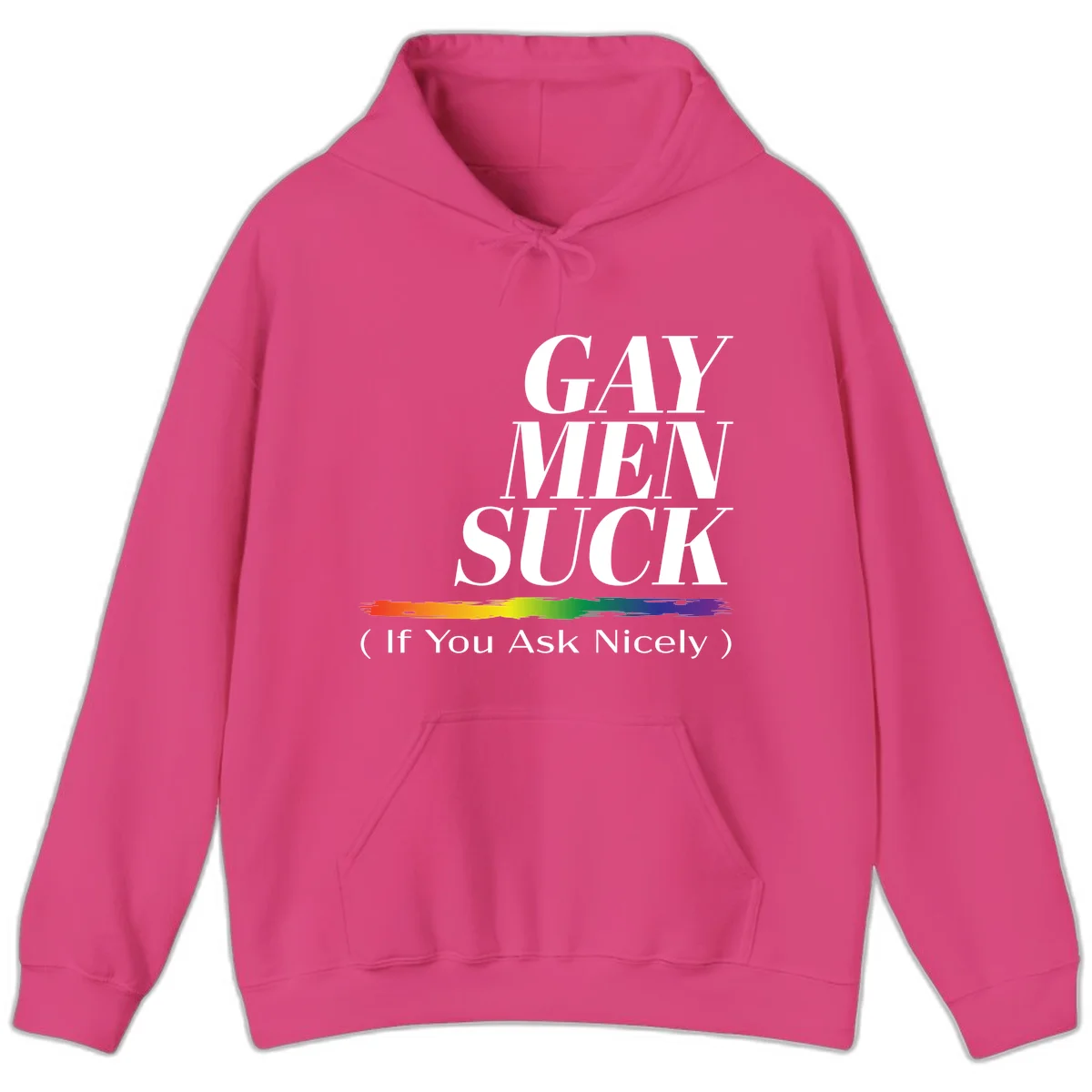 Gay men suck if you ask nicely pride design with white text and rainbow paint stroke accent on gray background in Heliconia