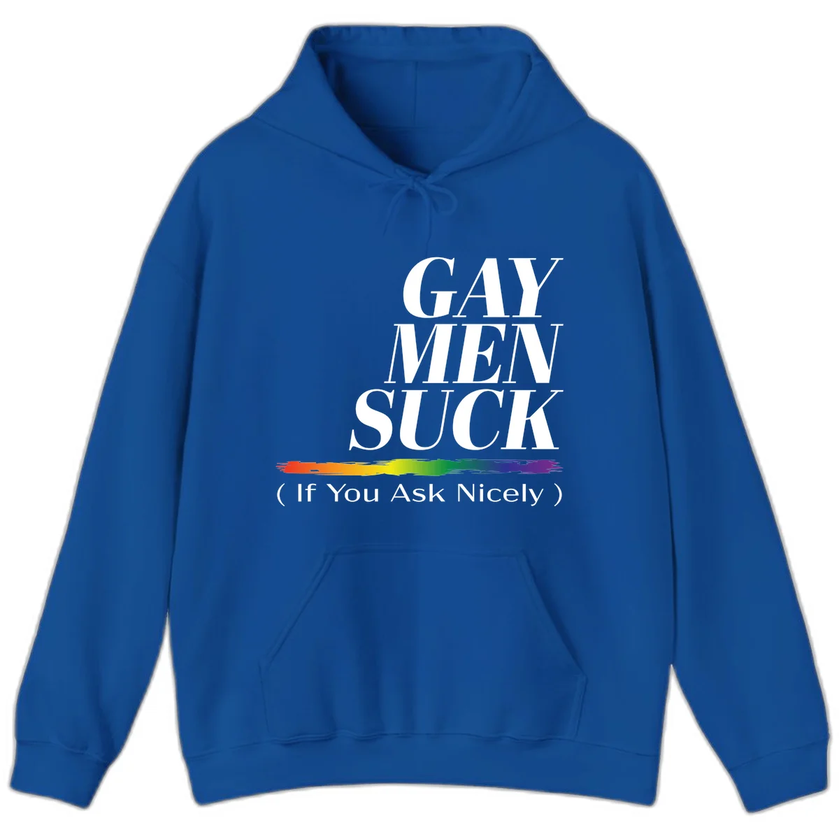 Gay men suck if you ask nicely pride design with white text and rainbow paint stroke accent on gray background in Royal