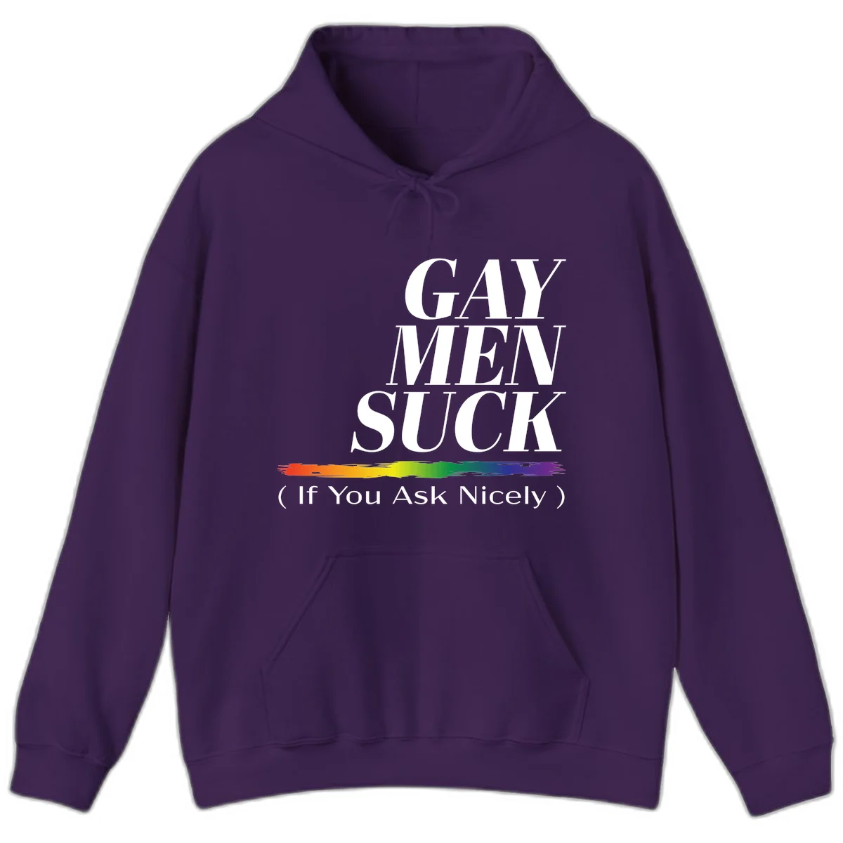 Gay men suck if you ask nicely pride design with white text and rainbow paint stroke accent on gray background in Purple