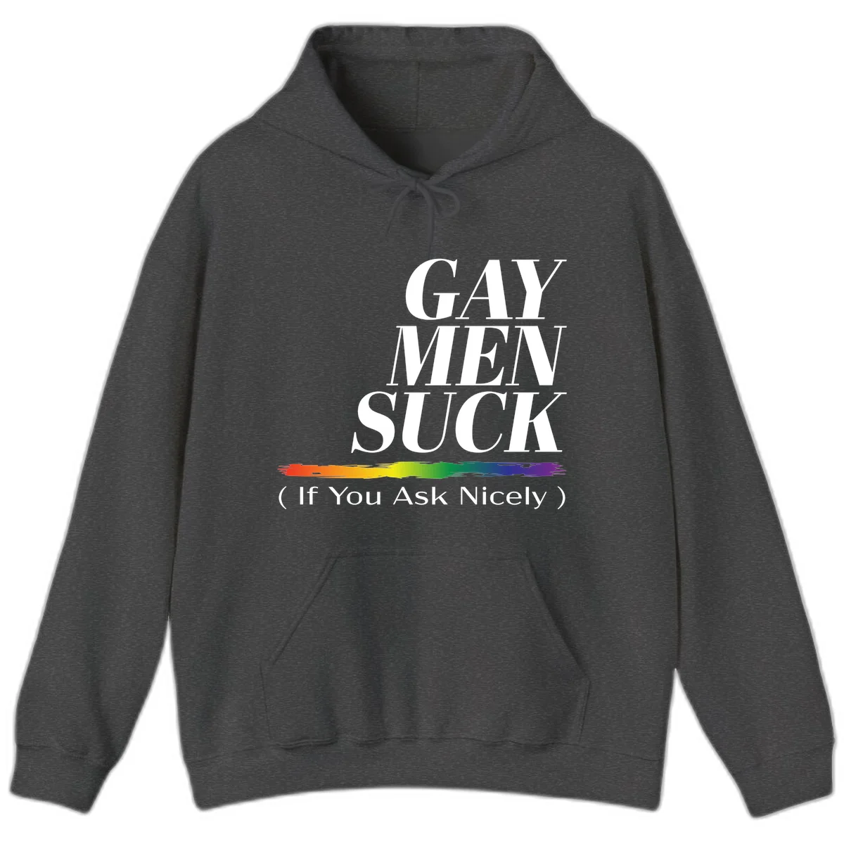 Gay men suck if you ask nicely pride design with white text and rainbow paint stroke accent on gray background in Dark Heather
