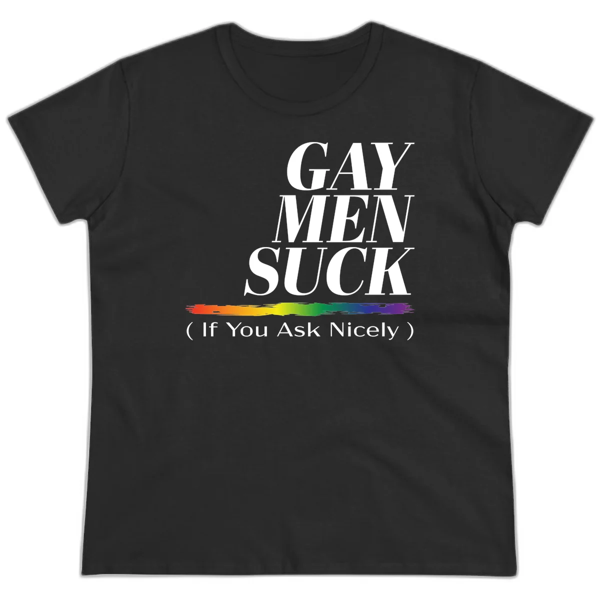 Gay men suck if you ask nicely pride design with white text and rainbow paint stroke accent on gray background in Black