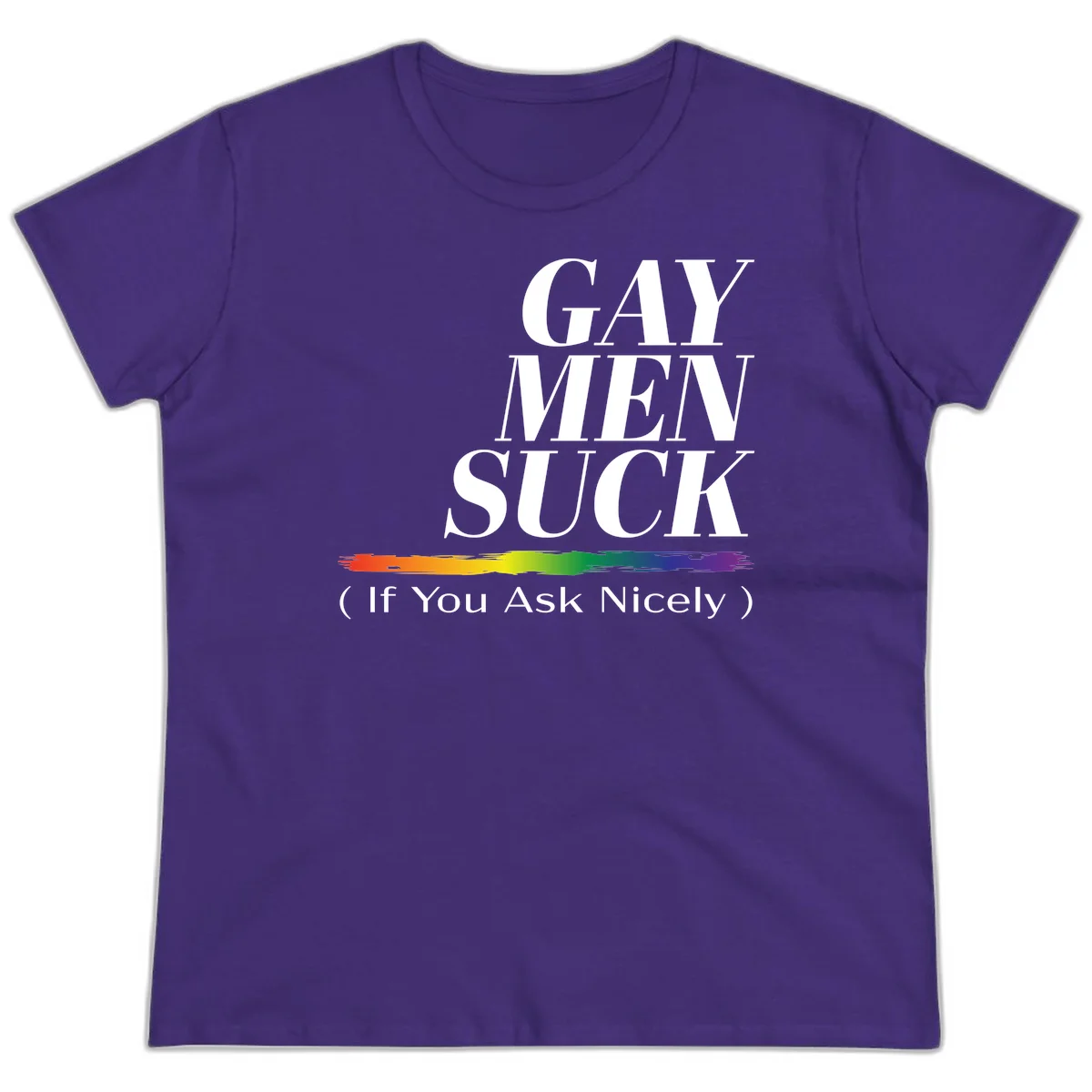 Gay men suck if you ask nicely pride design with white text and rainbow paint stroke accent on gray background in Purple
