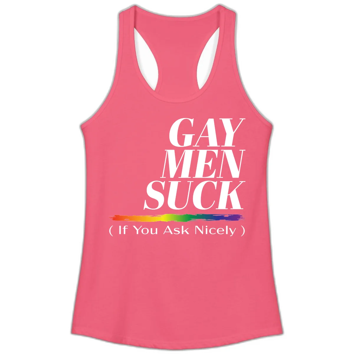 Gay men suck if you ask nicely pride design with white text and rainbow paint stroke accent on gray background in Hot Pink