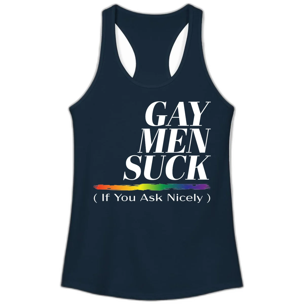 Gay men suck if you ask nicely pride design with white text and rainbow paint stroke accent on gray background in Solid Midnight Navy