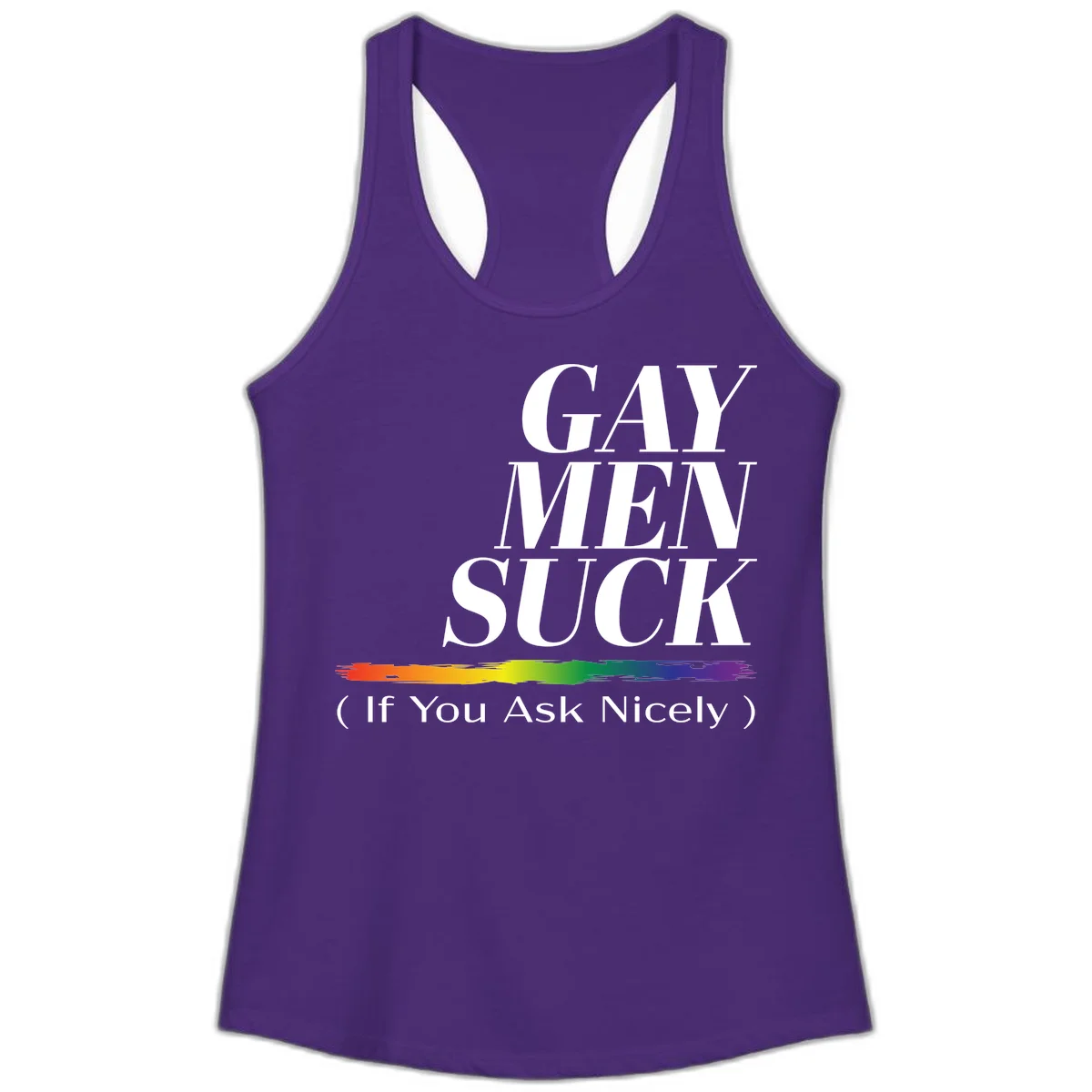 Gay men suck if you ask nicely pride design with white text and rainbow paint stroke accent on gray background in Solid Purple Rush