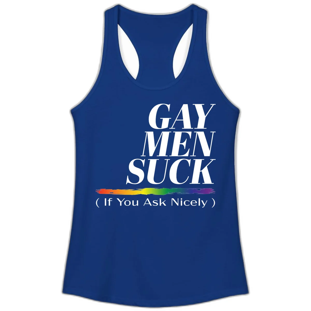 Gay men suck if you ask nicely pride design with white text and rainbow paint stroke accent on gray background in Solid Royal