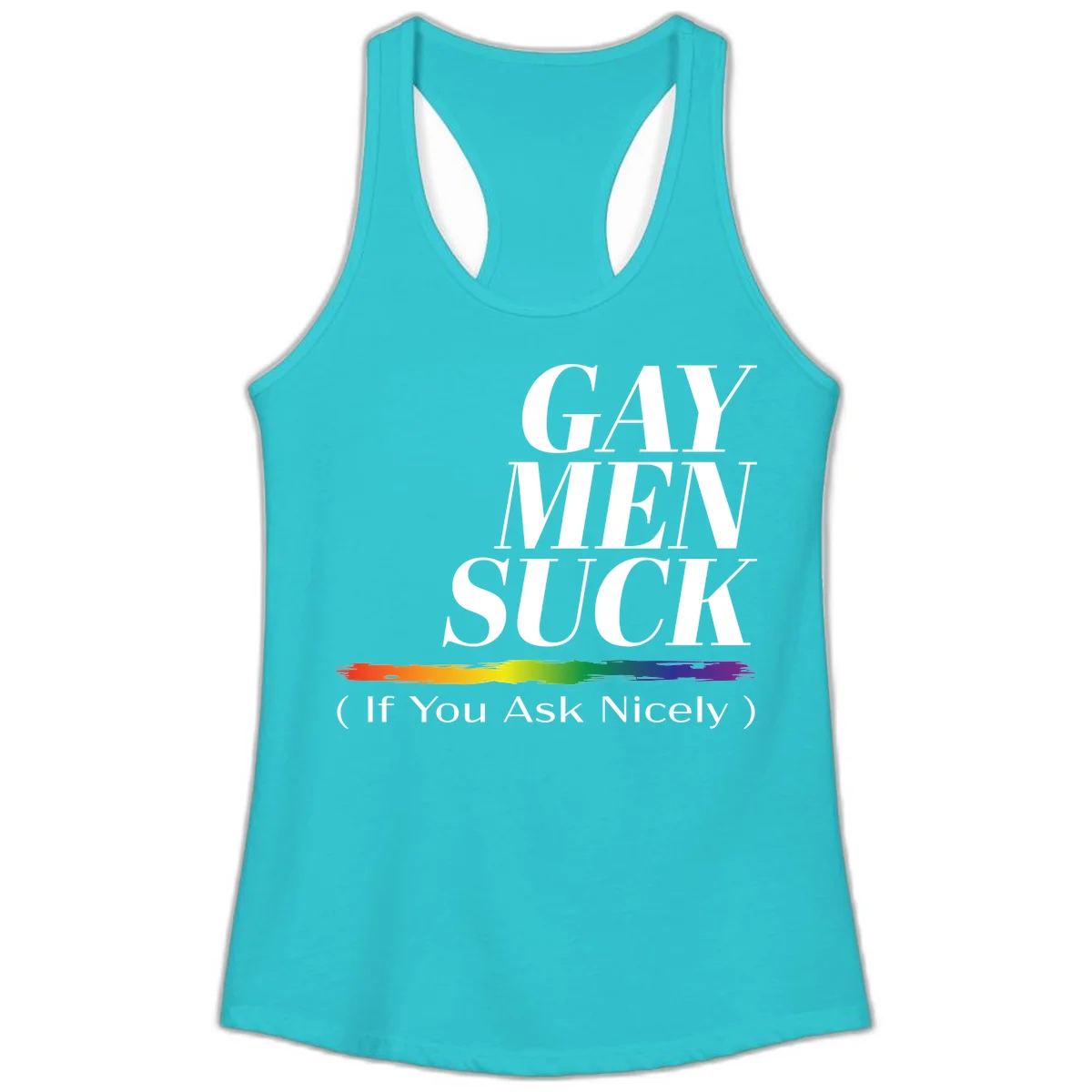 Gay men suck if you ask nicely pride design with white text and rainbow paint stroke accent on gray background in Solid Tahiti Blue