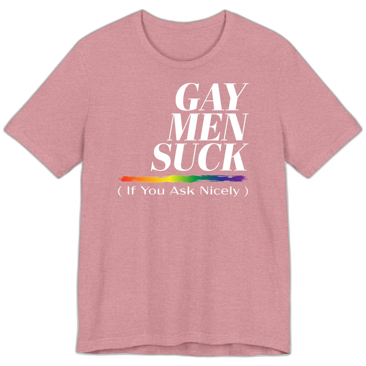 Gay men suck if you ask nicely pride design with white text and rainbow paint stroke accent on gray background in Heather Orchid
