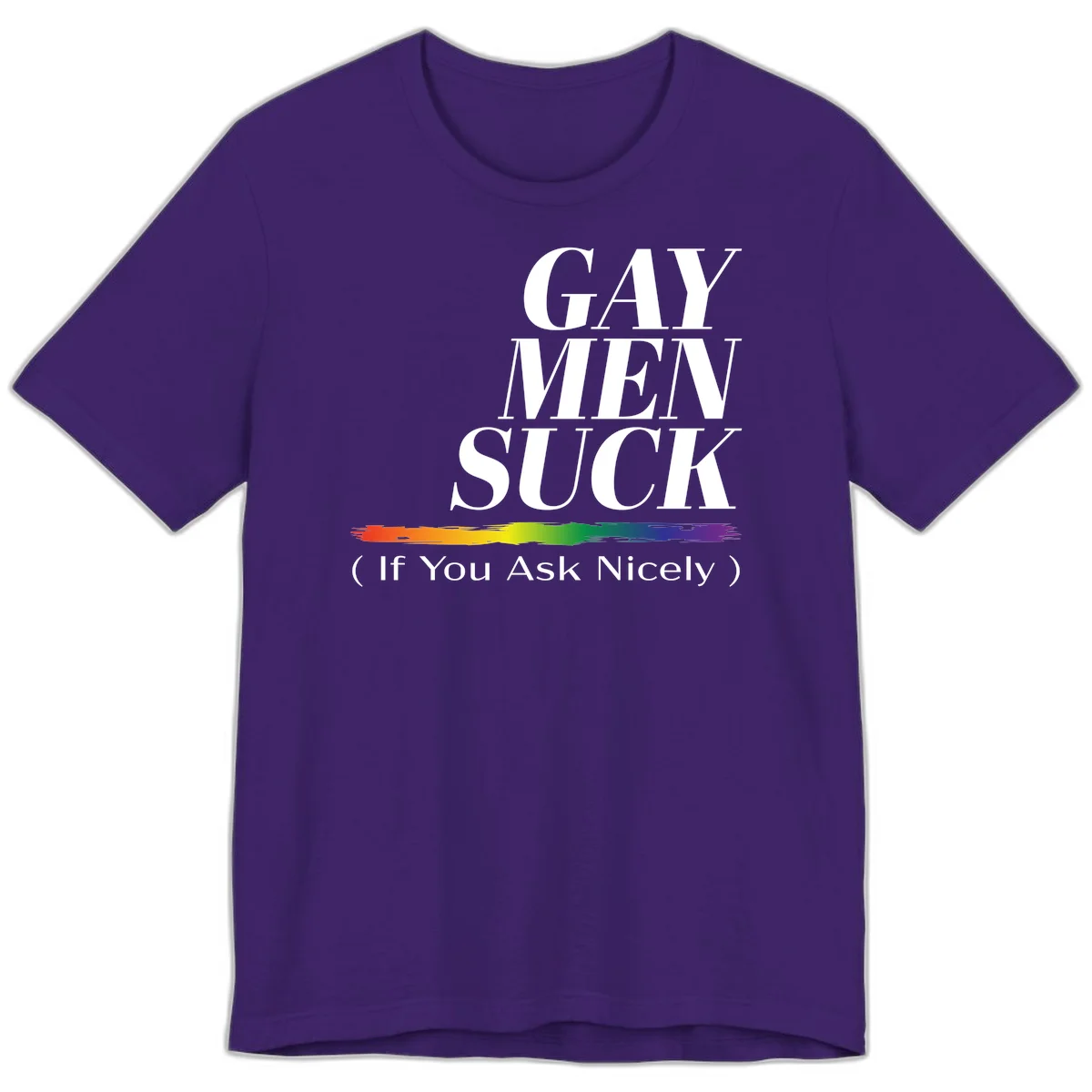 Gay men suck if you ask nicely pride design with white text and rainbow paint stroke accent on gray background in Team Purple