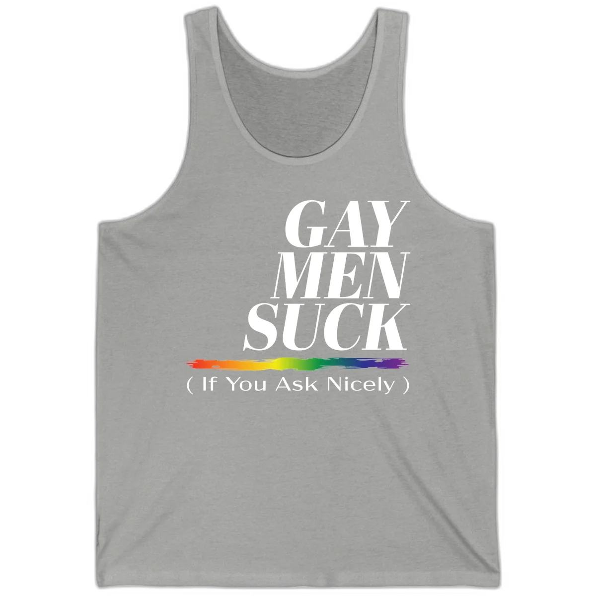 Gay men suck if you ask nicely pride design with white text and rainbow paint stroke accent on gray background in Athletic Heather