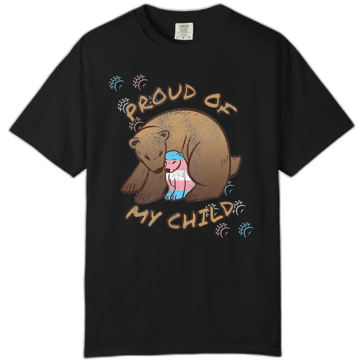 Brown bear holding a cub with blue, pink and white stripes, surrounded by 'Proud As My Chubby' text and decorative wave designs celebrating transgender pride in Black