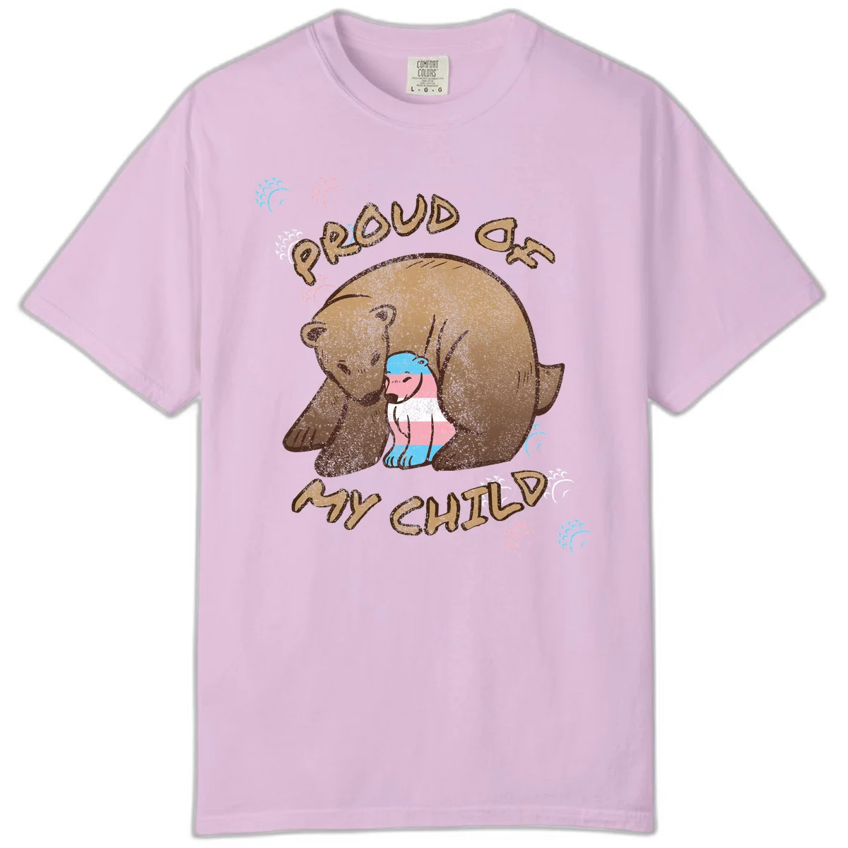 Brown bear holding a cub with blue, pink and white stripes, surrounded by 'Proud As My Chubby' text and decorative wave designs celebrating transgender pride in Orchid