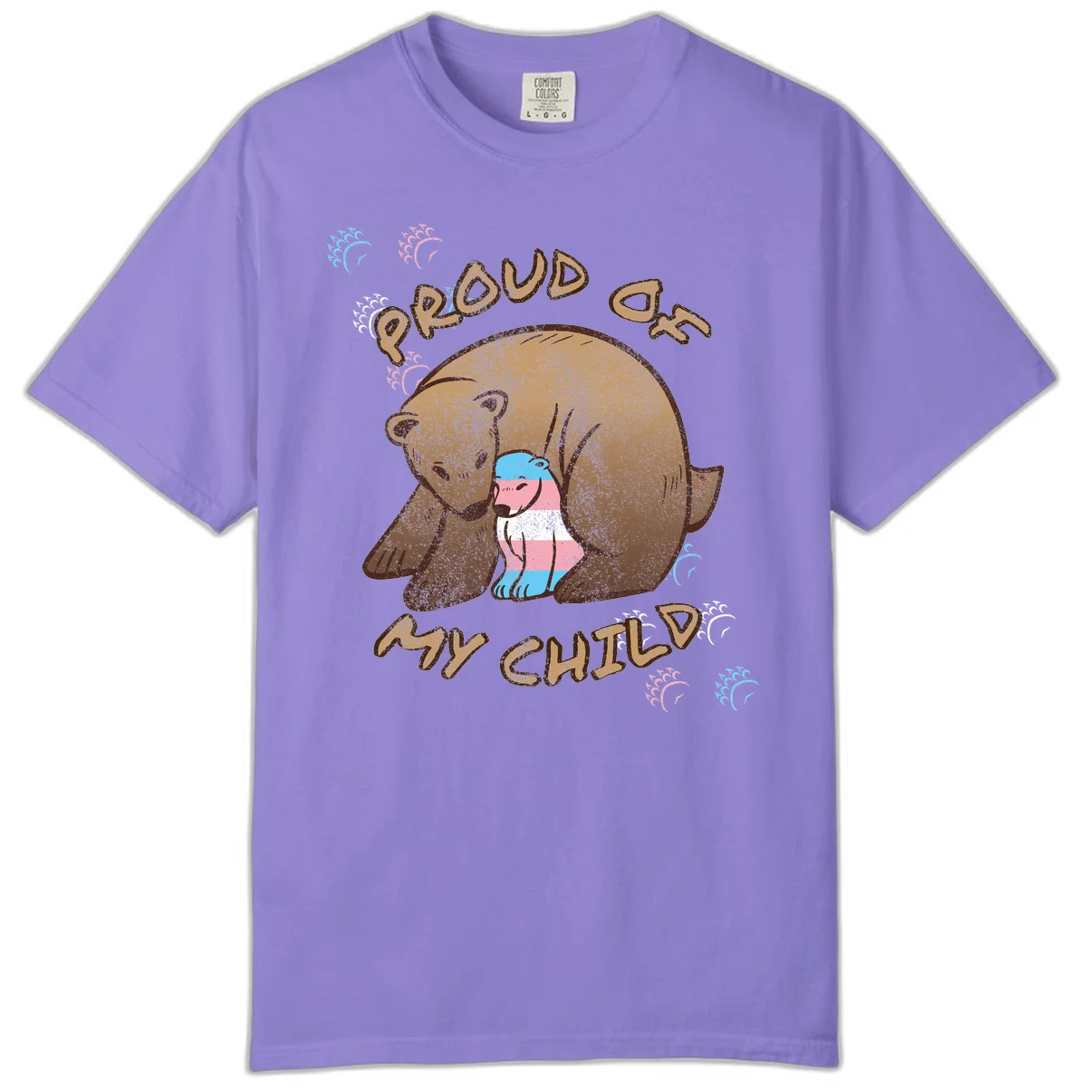Brown bear holding a cub with blue, pink and white stripes, surrounded by 'Proud As My Chubby' text and decorative wave designs celebrating transgender pride in Violet