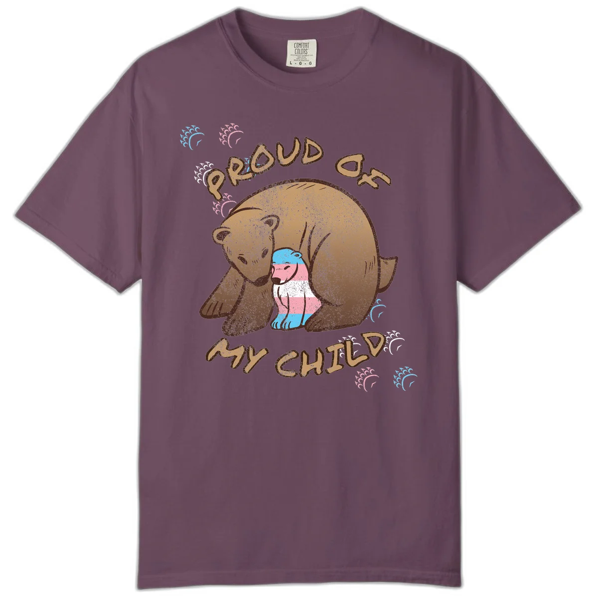 Brown bear holding a cub with blue, pink and white stripes, surrounded by 'Proud As My Chubby' text and decorative wave designs celebrating transgender pride in Berry