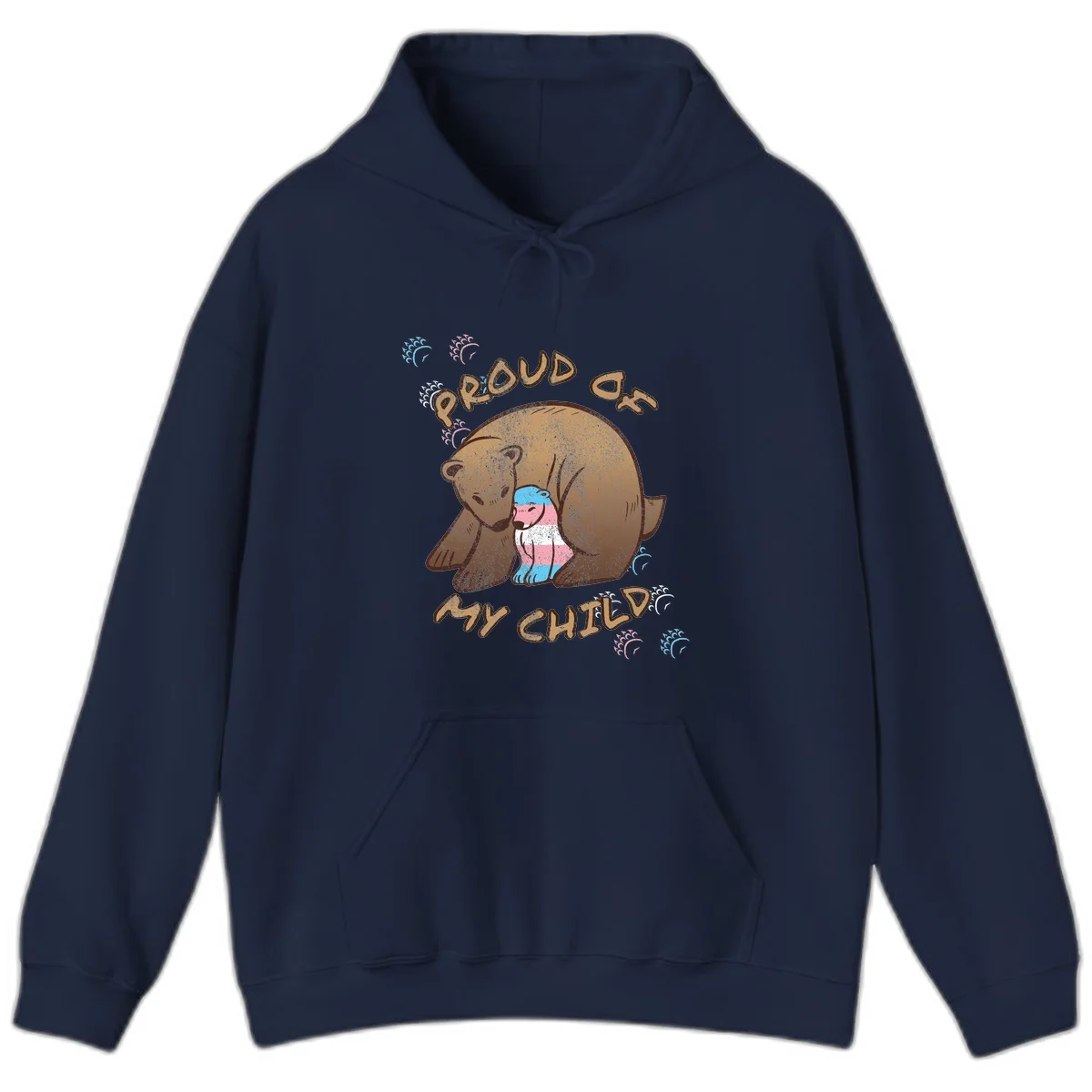 Brown bear holding a cub with blue, pink and white stripes, surrounded by 'Proud As My Chubby' text and decorative wave designs celebrating transgender pride in Navy