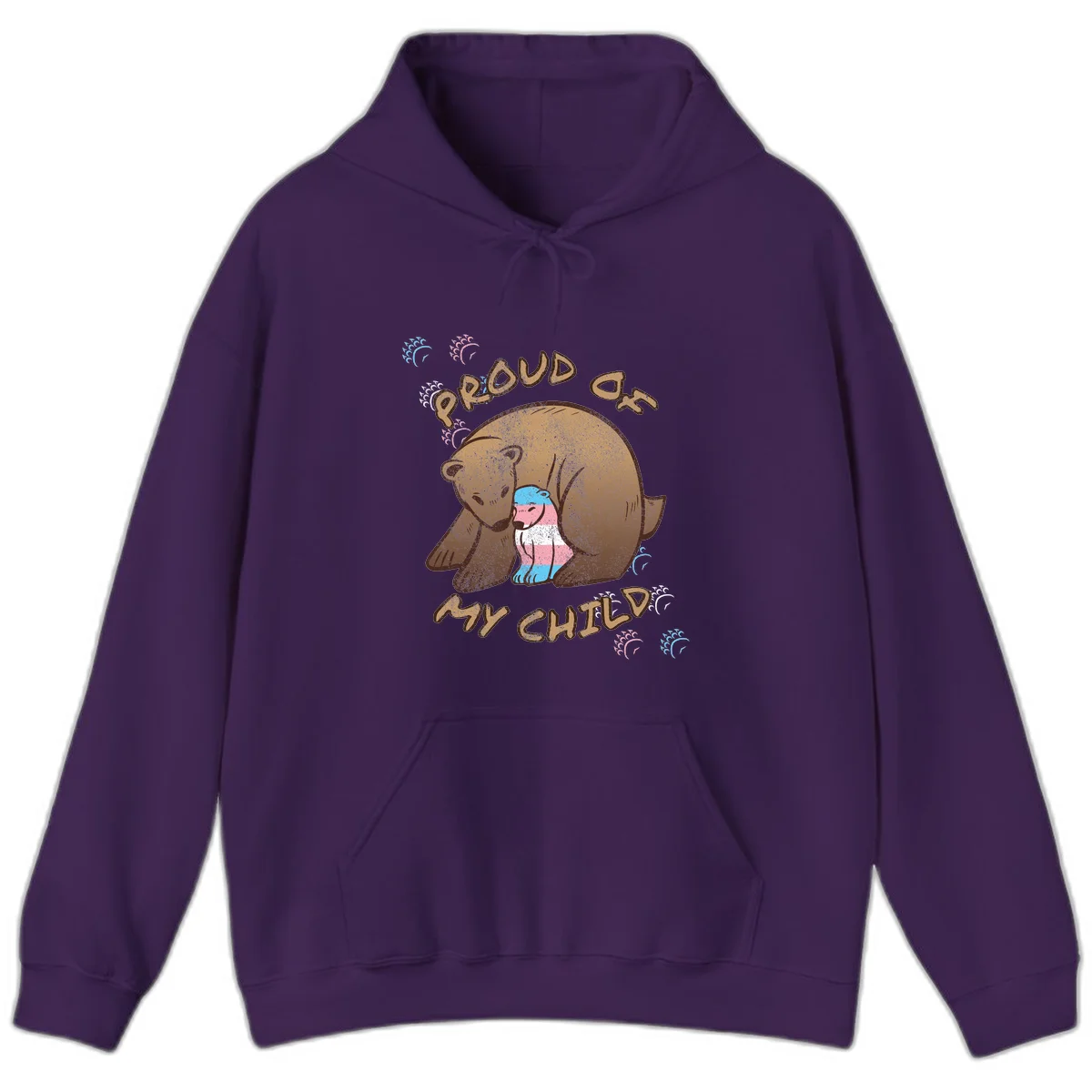 Brown bear holding a cub with blue, pink and white stripes, surrounded by 'Proud As My Chubby' text and decorative wave designs celebrating transgender pride in Purple