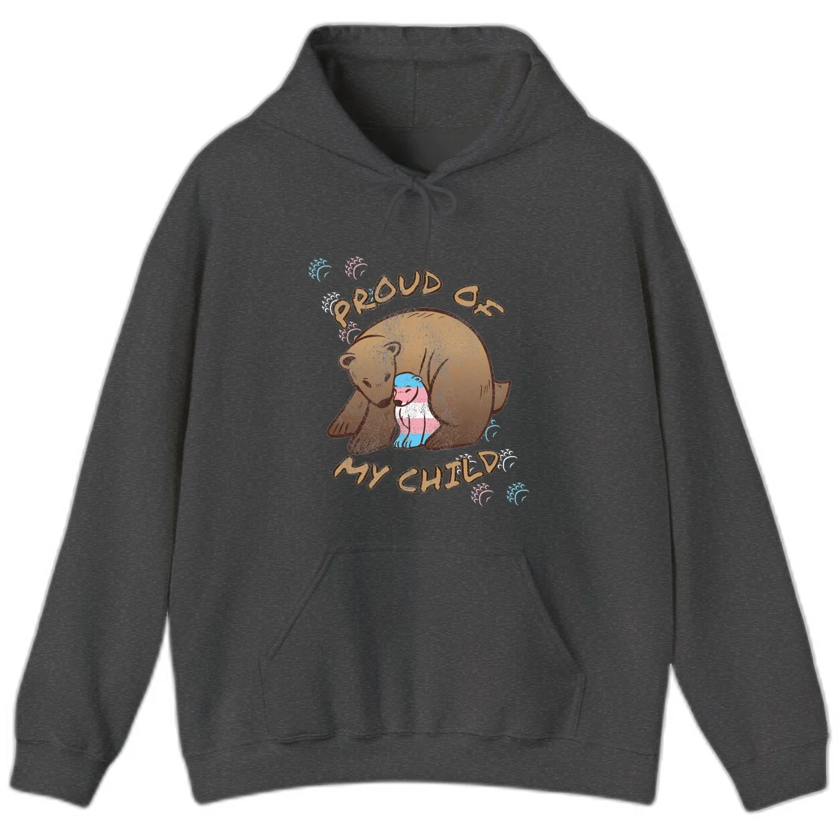 Brown bear holding a cub with blue, pink and white stripes, surrounded by 'Proud As My Chubby' text and decorative wave designs celebrating transgender pride in Dark Heather