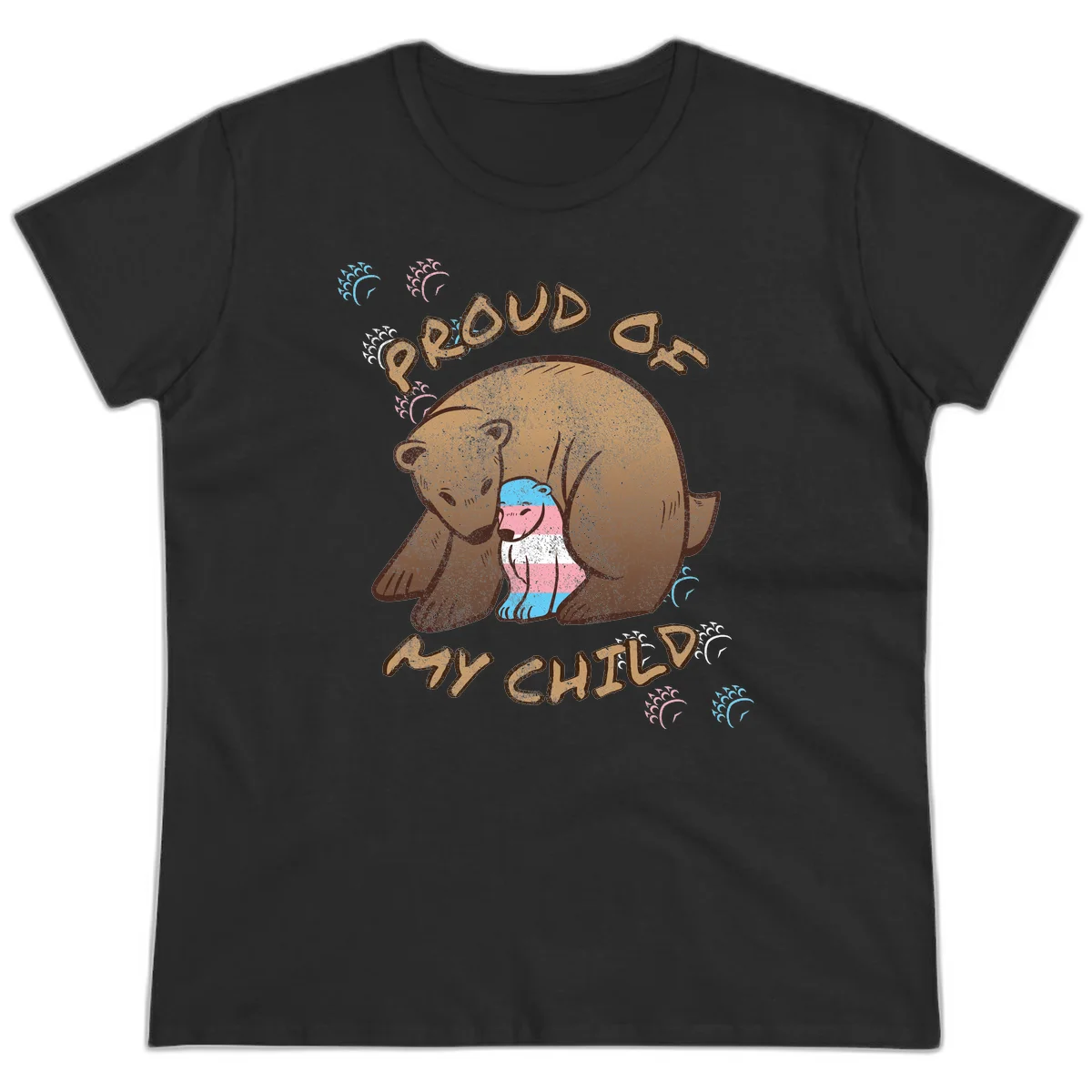 Brown bear holding a cub with blue, pink and white stripes, surrounded by 'Proud As My Chubby' text and decorative wave designs celebrating transgender pride in Black