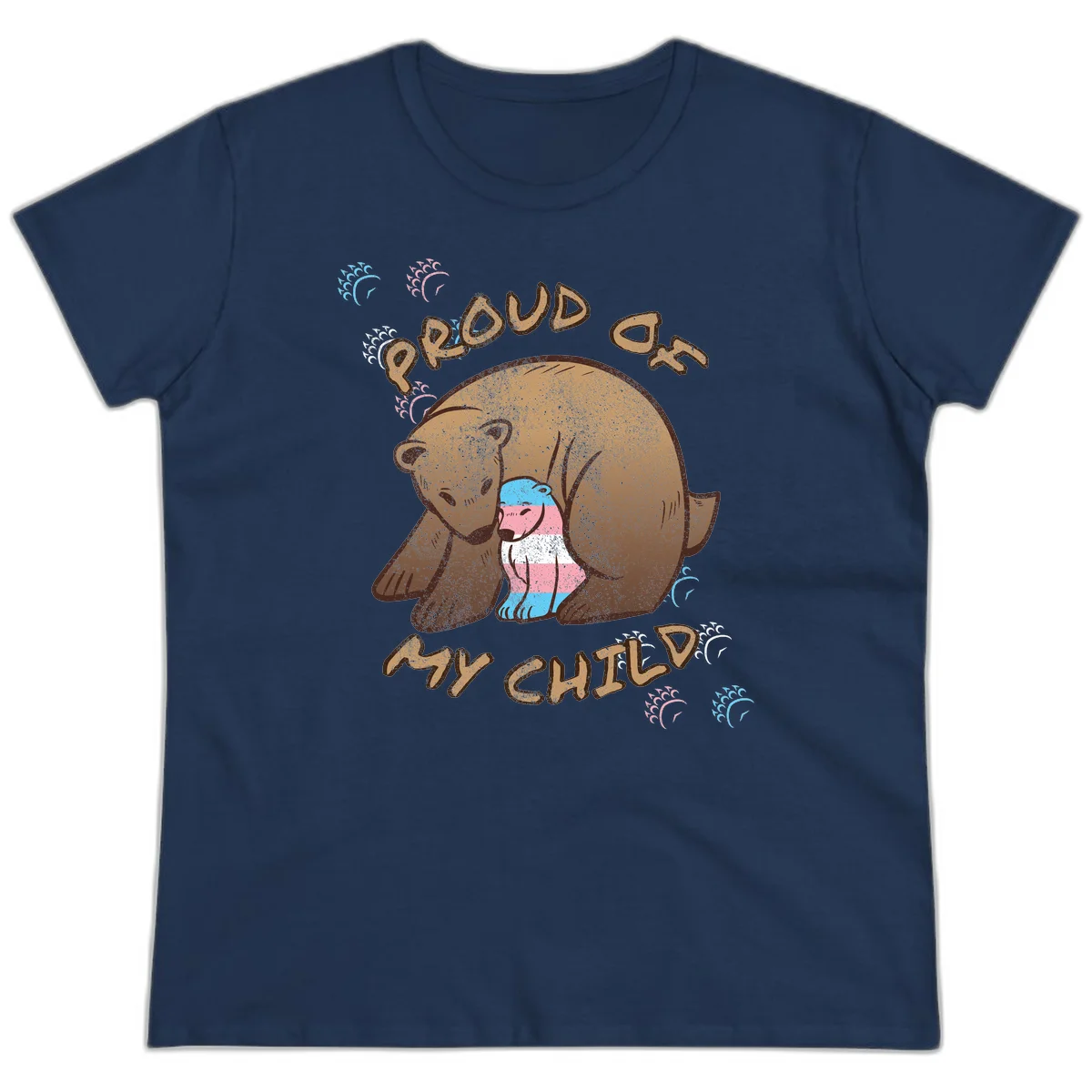 Brown bear holding a cub with blue, pink and white stripes, surrounded by 'Proud As My Chubby' text and decorative wave designs celebrating transgender pride in Navy