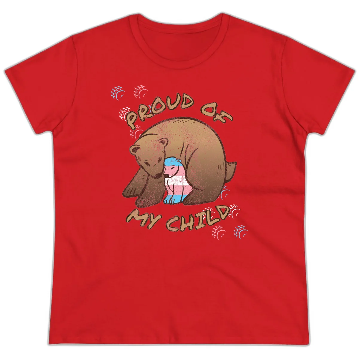 Brown bear holding a cub with blue, pink and white stripes, surrounded by 'Proud As My Chubby' text and decorative wave designs celebrating transgender pride in Red