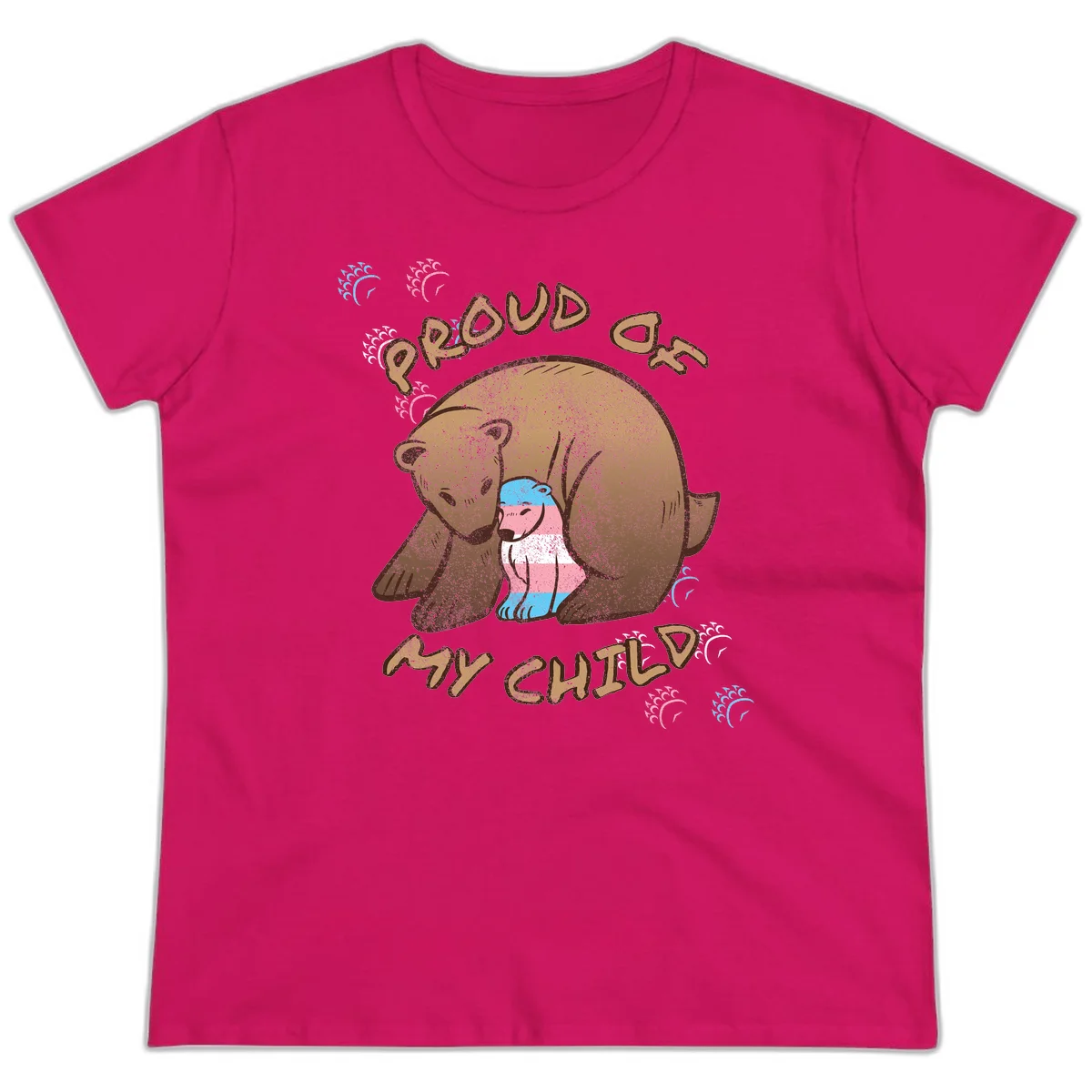 Brown bear holding a cub with blue, pink and white stripes, surrounded by 'Proud As My Chubby' text and decorative wave designs celebrating transgender pride in Heliconia