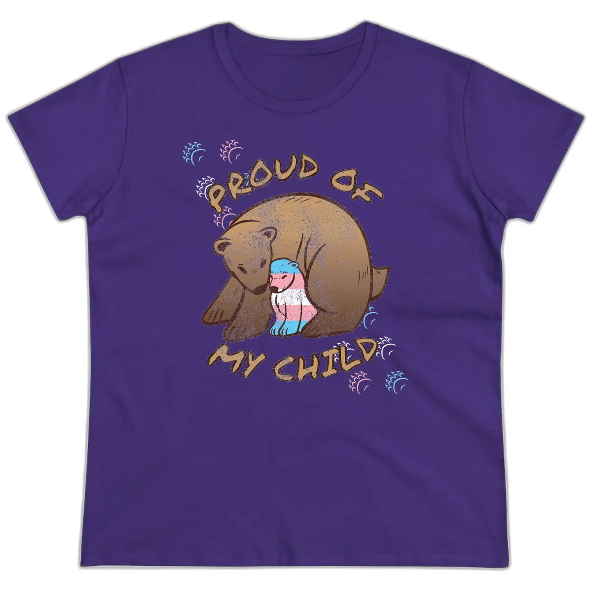 Brown bear holding a cub with blue, pink and white stripes, surrounded by 'Proud As My Chubby' text and decorative wave designs celebrating transgender pride in Purple