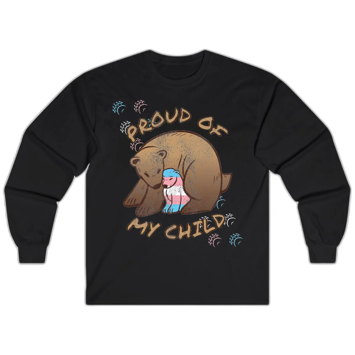 Brown bear holding a cub with blue, pink and white stripes, surrounded by 'Proud As My Chubby' text and decorative wave designs celebrating transgender pride in Black
