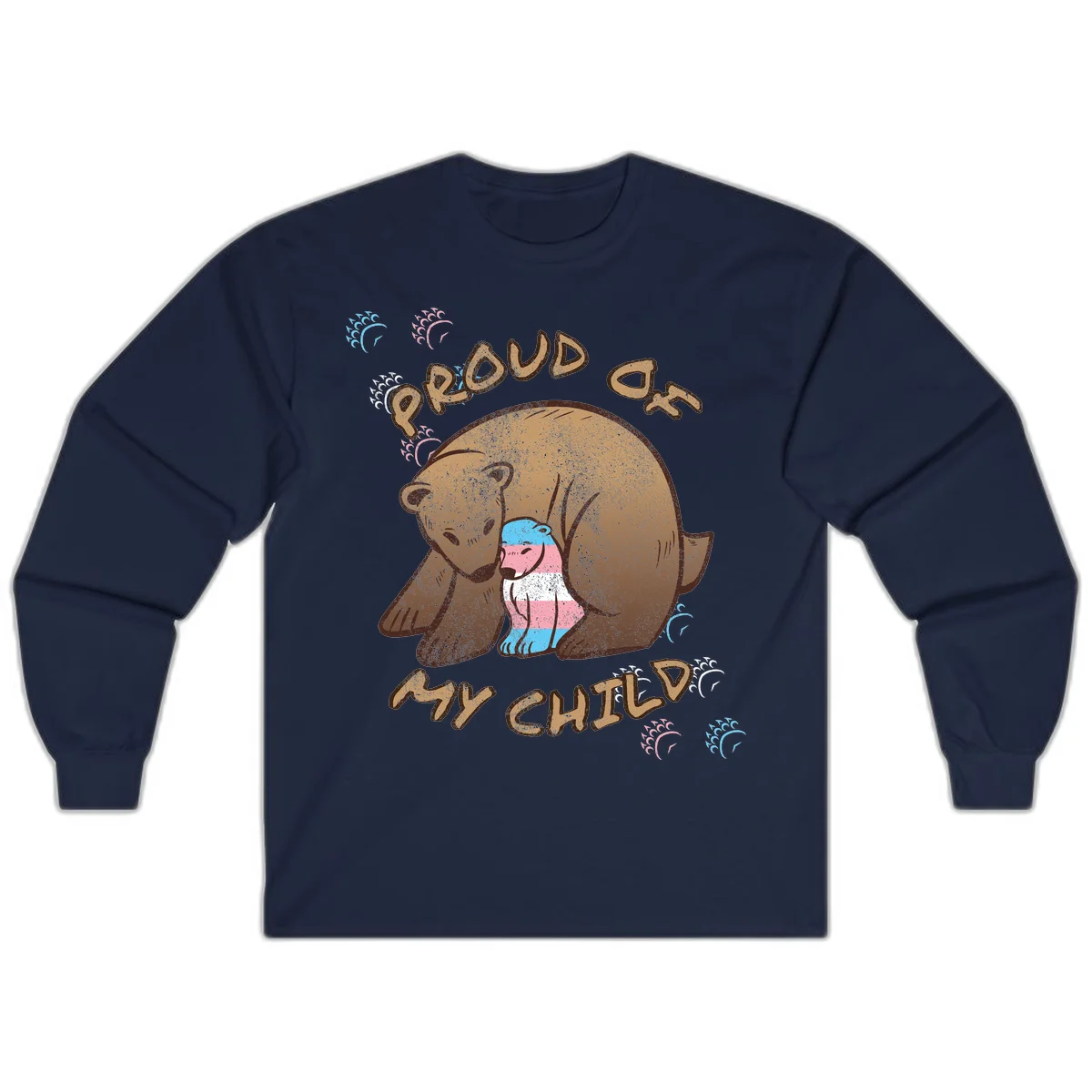 Brown bear holding a cub with blue, pink and white stripes, surrounded by 'Proud As My Chubby' text and decorative wave designs celebrating transgender pride in Navy