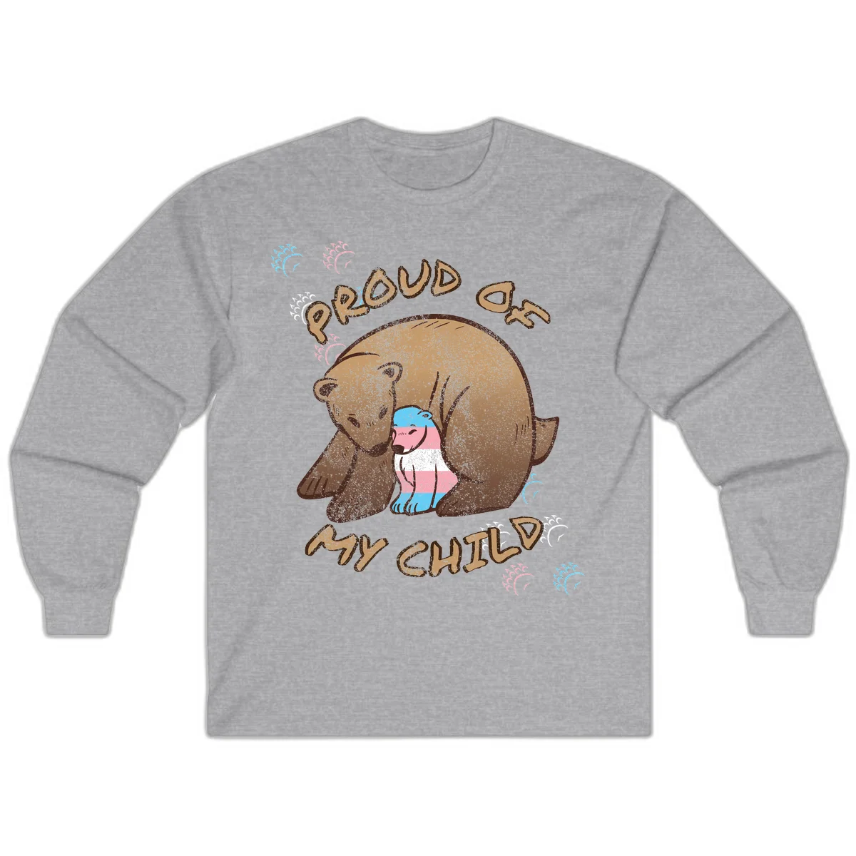 Brown bear holding a cub with blue, pink and white stripes, surrounded by 'Proud As My Chubby' text and decorative wave designs celebrating transgender pride in Sport Grey