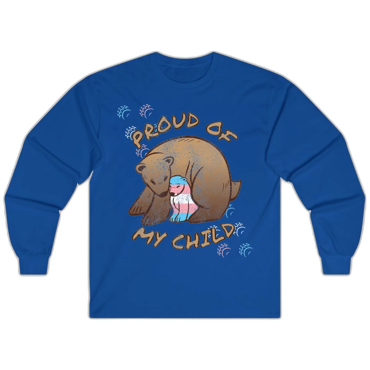 Brown bear holding a cub with blue, pink and white stripes, surrounded by 'Proud As My Chubby' text and decorative wave designs celebrating transgender pride in Royal