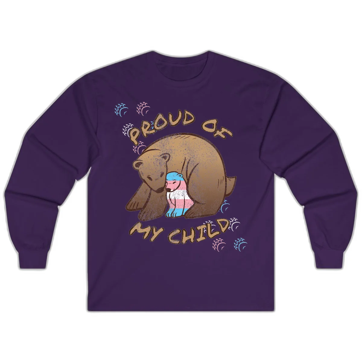 Brown bear holding a cub with blue, pink and white stripes, surrounded by 'Proud As My Chubby' text and decorative wave designs celebrating transgender pride in Purple