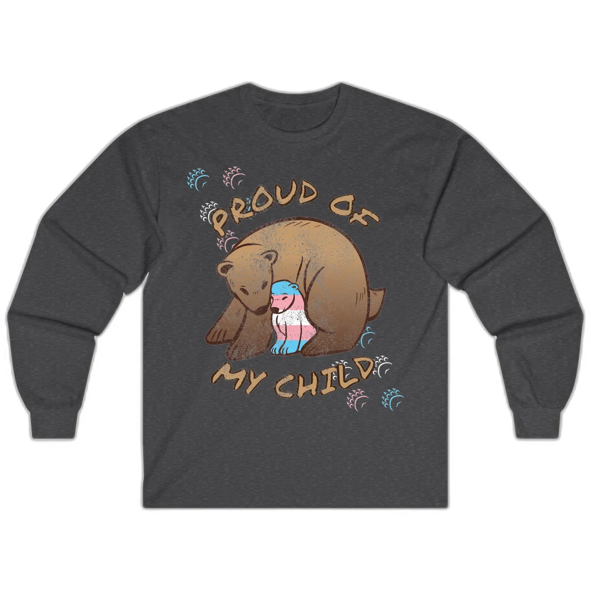 Brown bear holding a cub with blue, pink and white stripes, surrounded by 'Proud As My Chubby' text and decorative wave designs celebrating transgender pride in Dark Heather