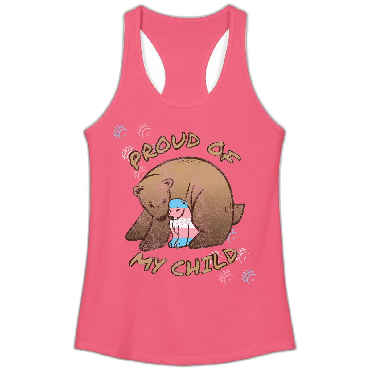 Brown bear holding a cub with blue, pink and white stripes, surrounded by 'Proud As My Chubby' text and decorative wave designs celebrating transgender pride in Hot Pink