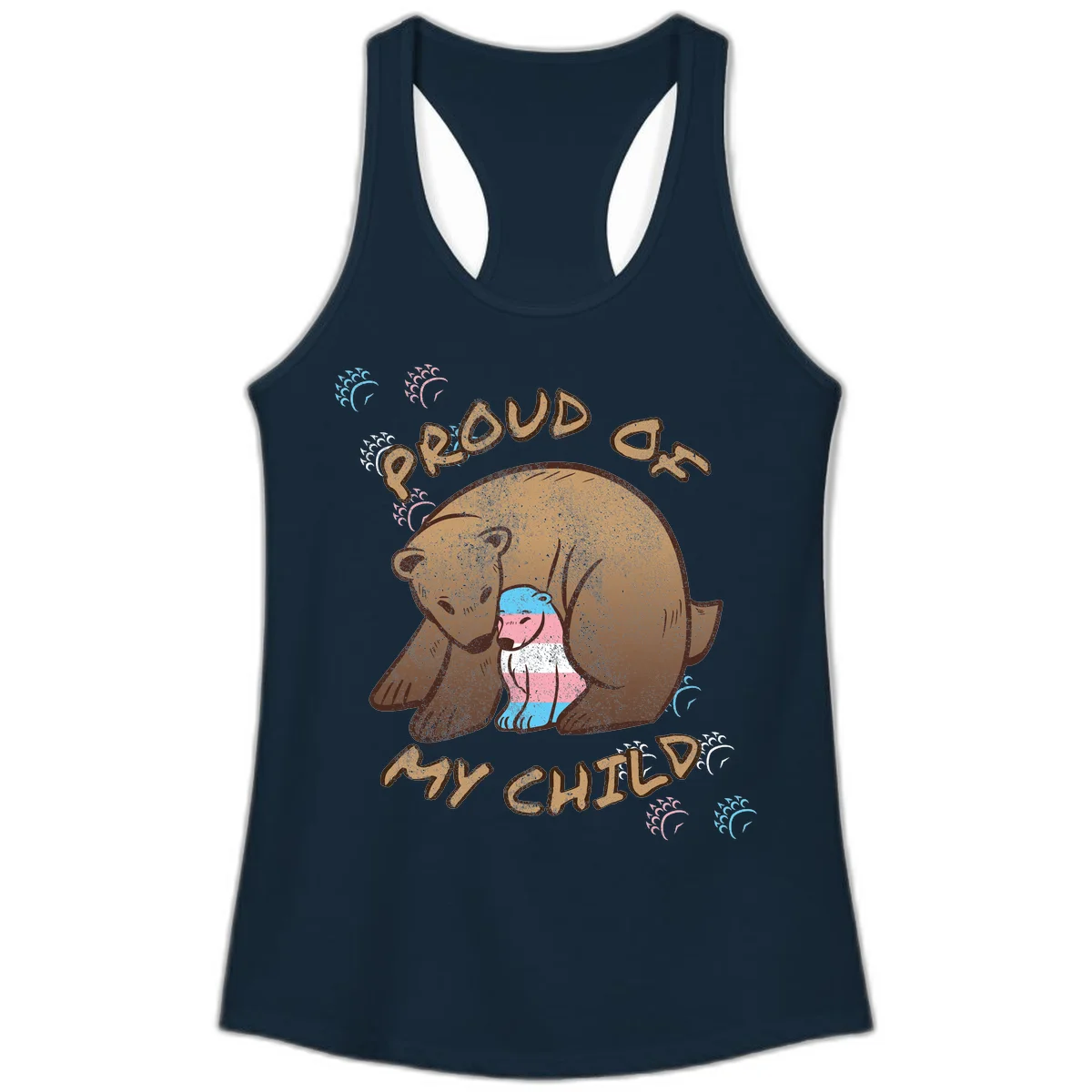 Brown bear holding a cub with blue, pink and white stripes, surrounded by 'Proud As My Chubby' text and decorative wave designs celebrating transgender pride in Solid Midnight Navy